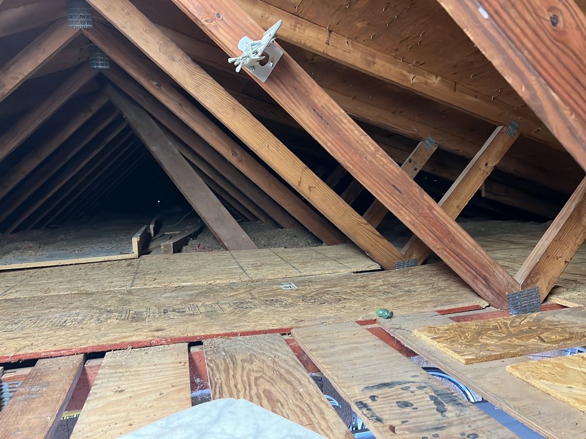 Attic framing, roof decking and ventilation.